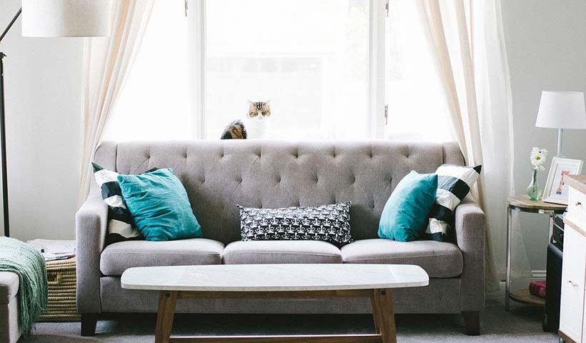 Grey Sofa & Teal Pillows